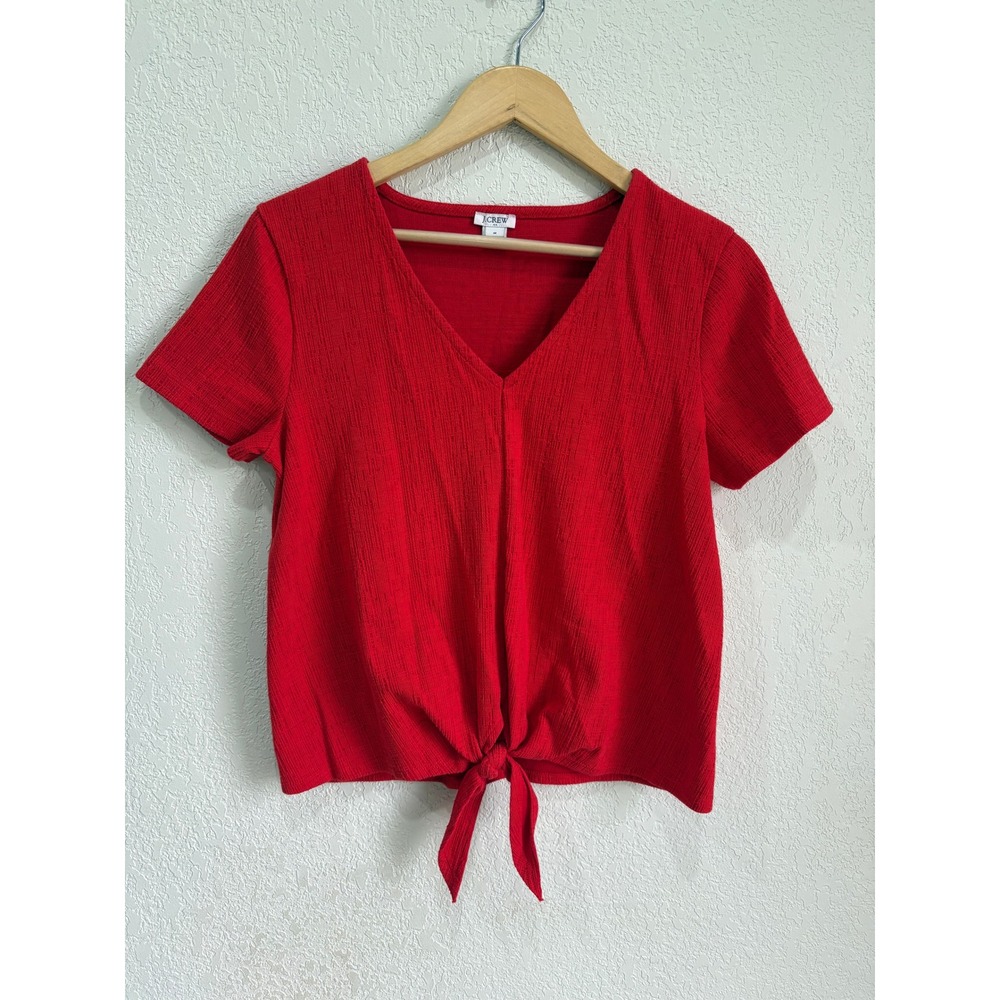 J Crew Red Textured V Neck Short Sleeve Tie Front Cropped Top Womens Medium